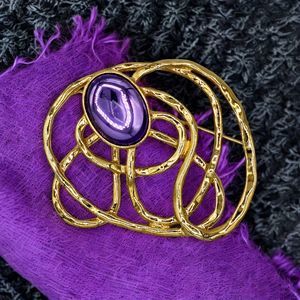 Avon Purple Cabochon Brooch Vintage Lucite Gold Tone Web Jumbo Statement Pin 3"